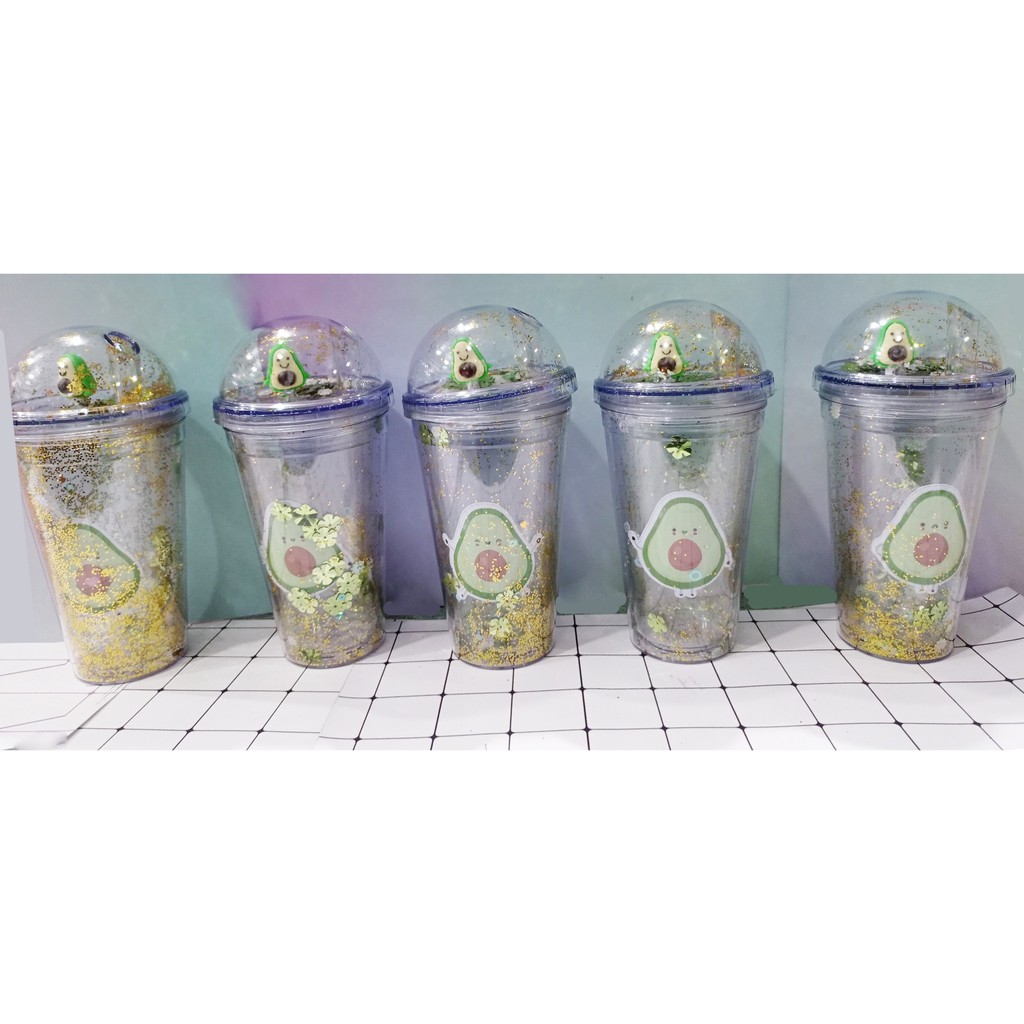 Cốc 2 lớp kim tuyến quả bơ khủng long nắp cầu CNCKI12 cốc giữ nhiệt ly 2 lớp nắp cầu cốc làm lạnh dễ thương 500ml
