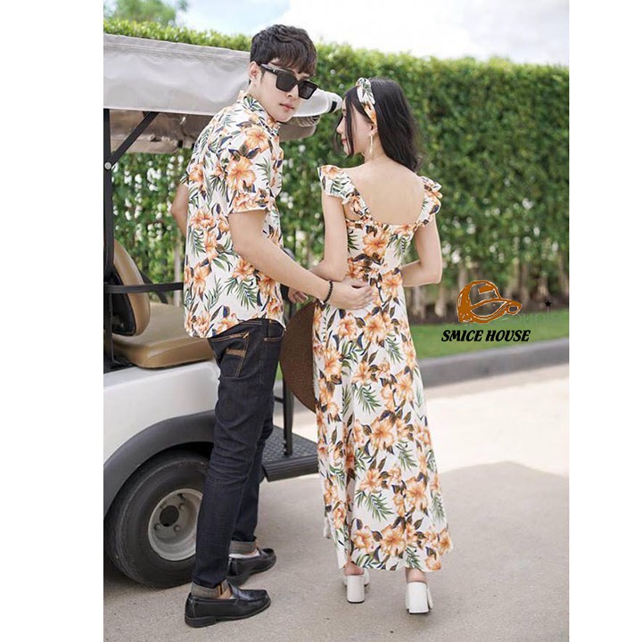 SET ĐỒ ĐÔI NAM NỮ, ÁO CẶP HOA LÁ ĐI BIỂN CHỤP HÌNH CƯỚI ĐẦM XẺ TÀ