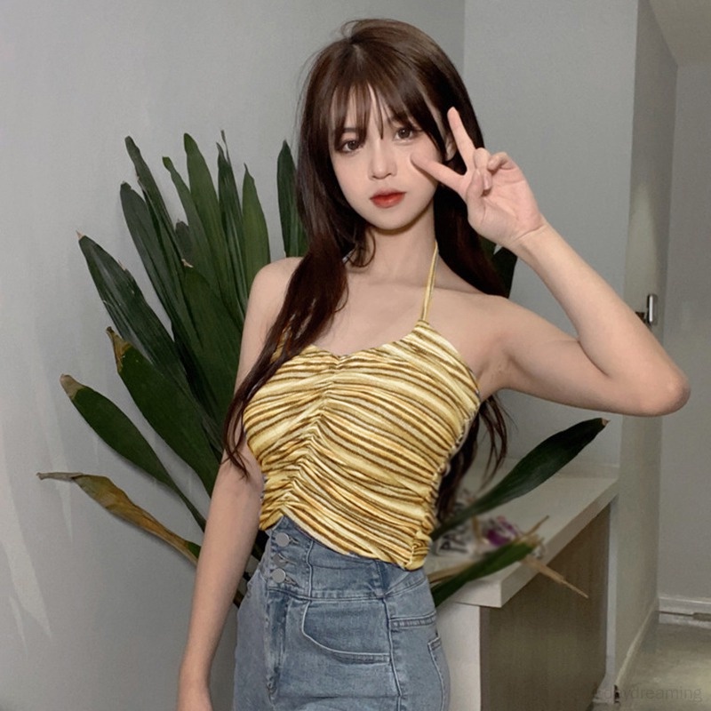 Áo Tank Top Hở Lưng Họa Tiết Kẻ Sọc Phong Cách Hàn Quốc Thời Trang Quyến Rũ Cho Nữ