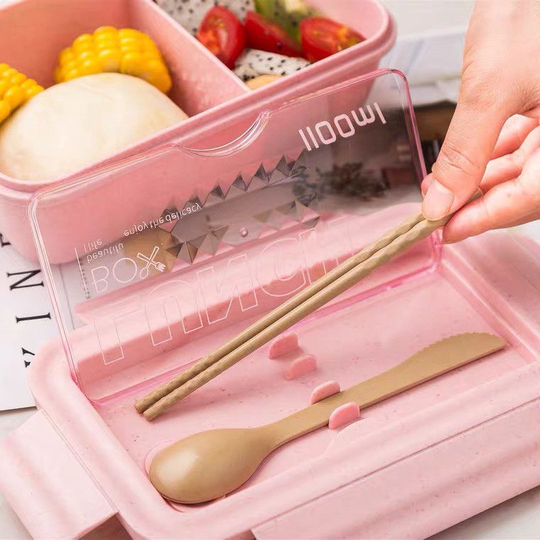 Hộp Đựng Cơm Lúa Mạch 2 Ngăn Giữ Nhiệt Kèm Đũa Thìa Cao Cấp