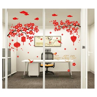 Decal trang trí Tết - Cành hoa mai đỏ treo kèm đèn lồng