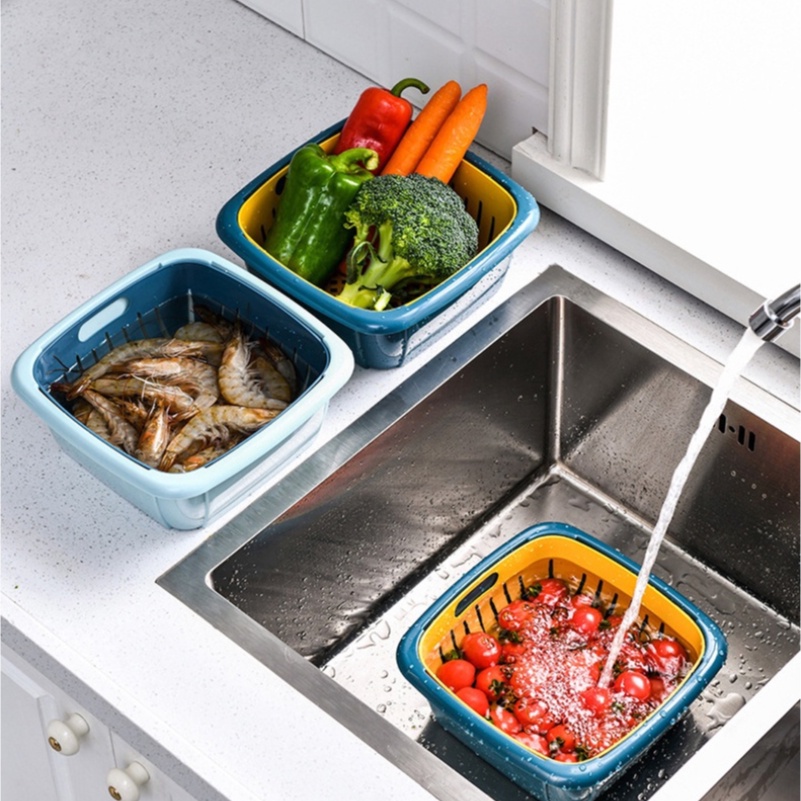 [Góc bếp xinh]  Bộ rổ nhựa kèm chậu có nắp 3in1 dáng vuông tiện dụng