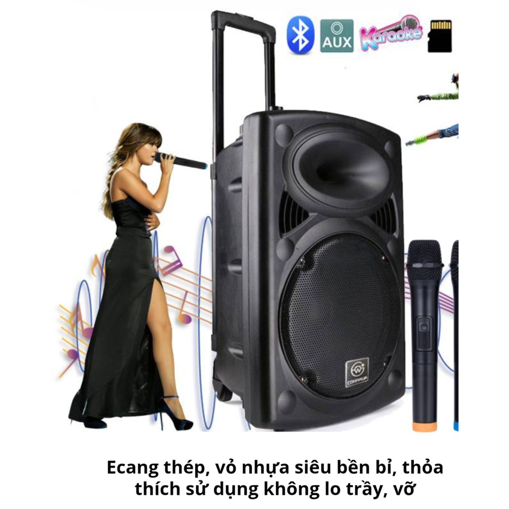 Loa Kéo Tay Karaoke Bass 30Cm. Kết Nối BLUETOOTH, USB , Thẻ Nhớ SD, AV.. Tặng 2 Micro Không Dây