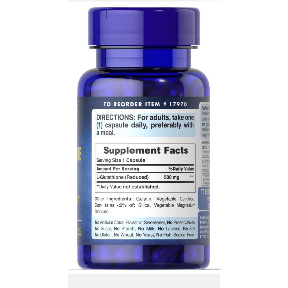 Viên uống Trắng Da, Giảm Nám, Thải Độc L- Glutathione  500mg Puritan's Pride
