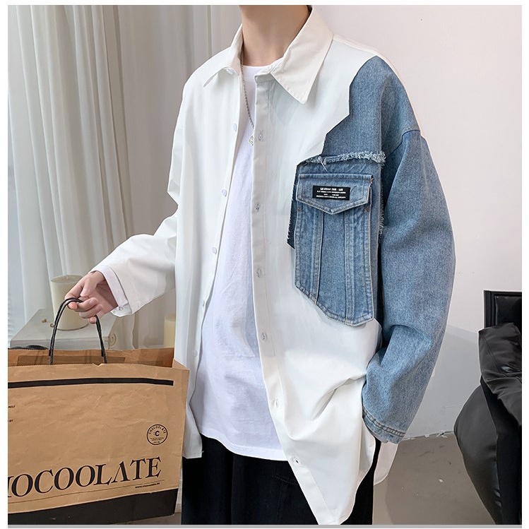 Áo Sơ Mi Nam Dài Tay Phối Jeans Ngực Phong Cách Unisex Cực Cá Tính Dành Cho Nam