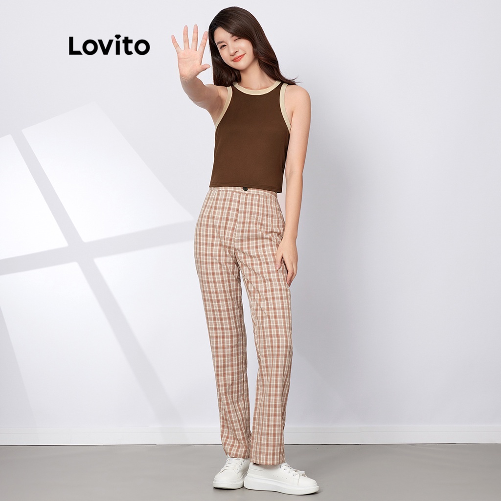 Áo sát nách Lovito kiểu nhún phối viền tương phản cổ trò không tay màu trơn phong cách thường ngày L29ED001 (màu cà phê)