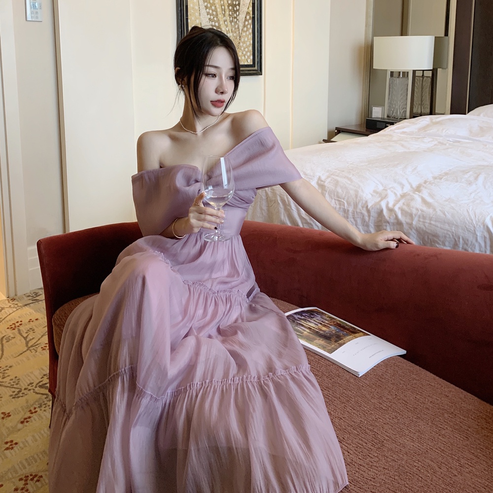 Đầm maxi tím nơ trễ vai  170222