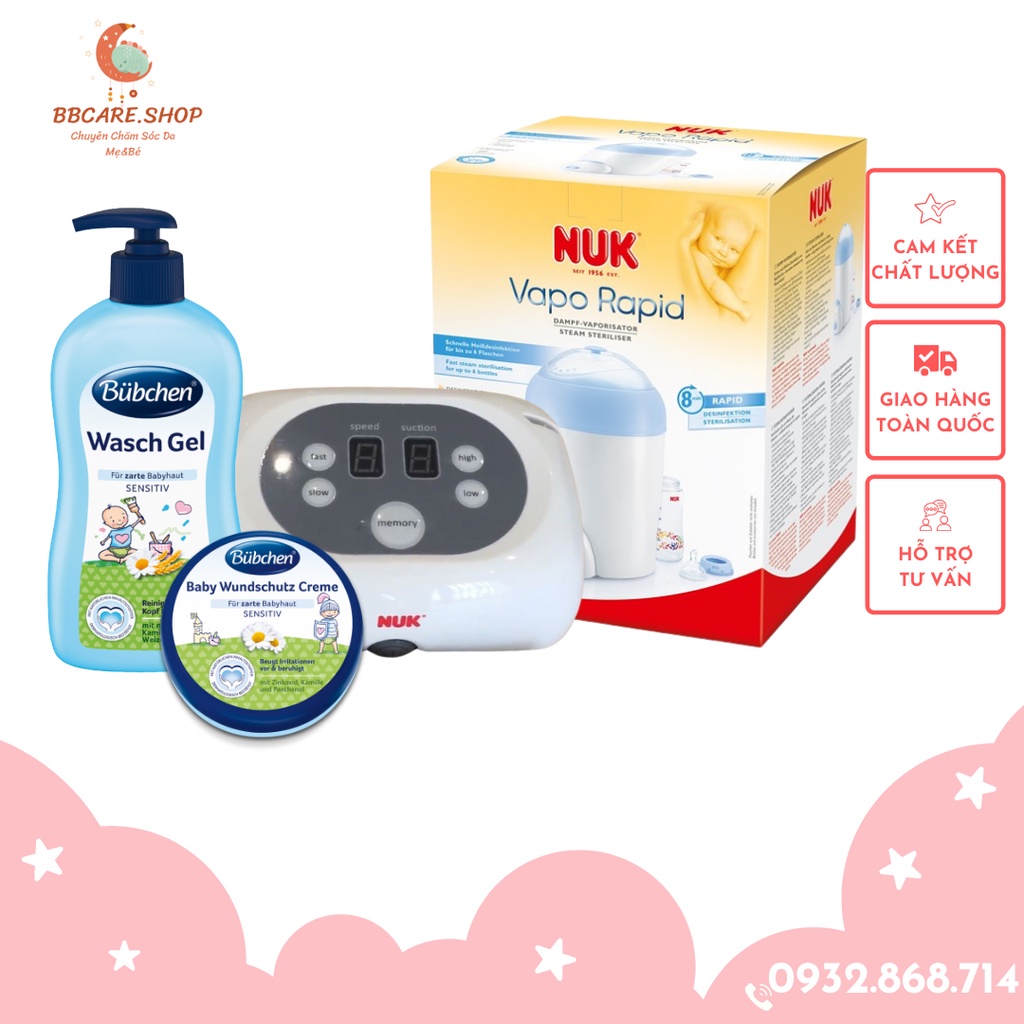 COMBO MẸ BÉ Hút sữa điện đôi Máy tiệt trùng (6 bình) NUK Sữa tắm gội sơ sinh Kem chống hăm Baby Bubchen
