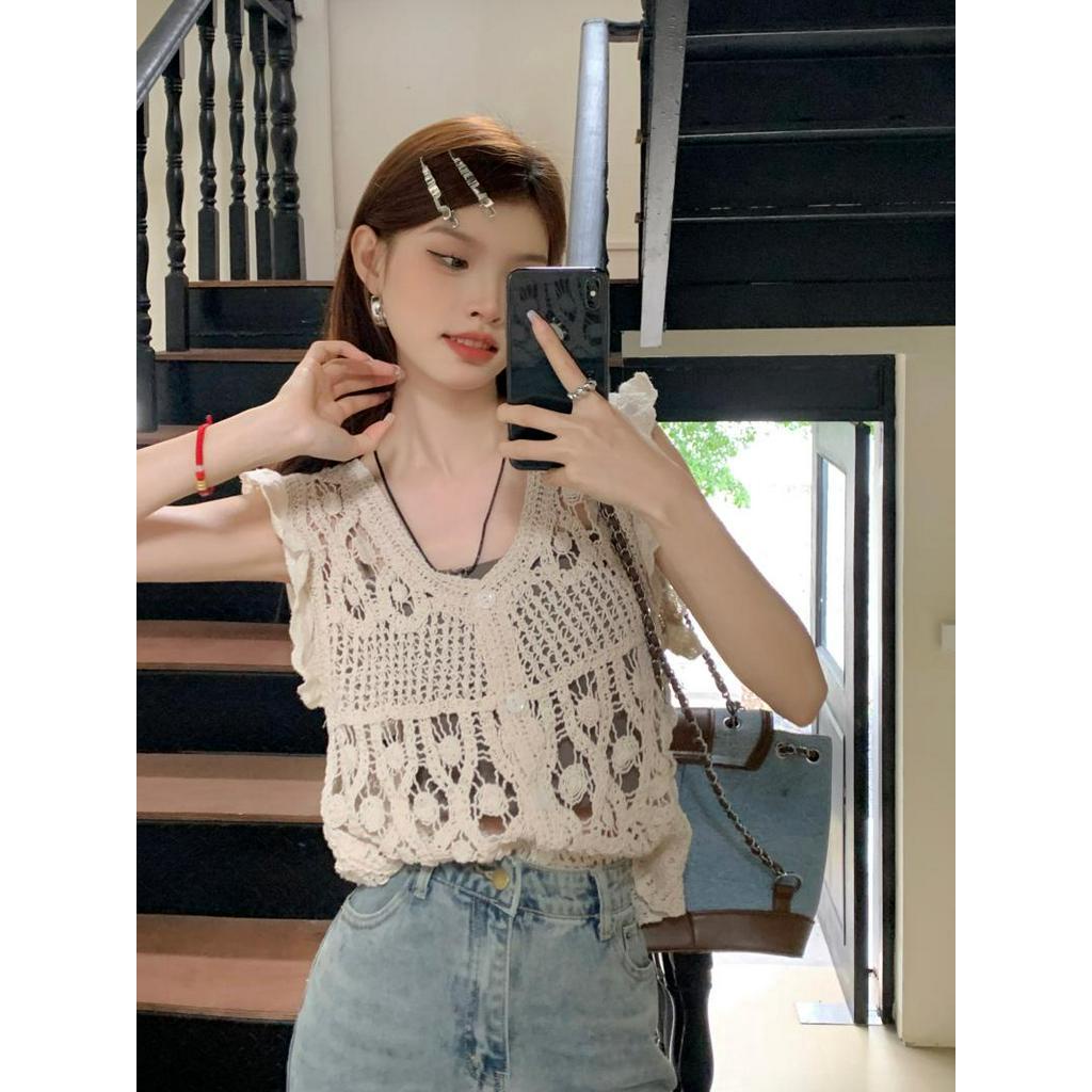 Áo Ống Tay Bay Cổ Chữ V Phối Ren Phong Cách Pháp 64036