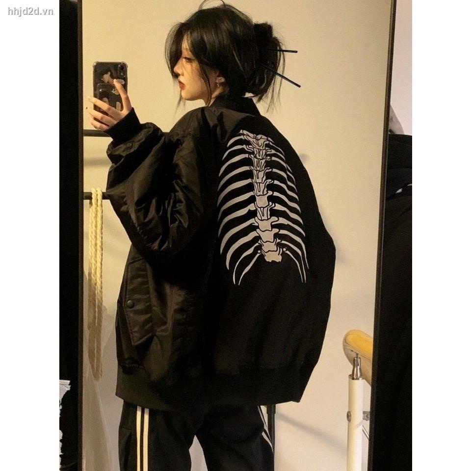 Áo khoác bóng chày in hình bộ xương phong cách Âu Mỹ cá tính thời trang dành cho nữ 2022