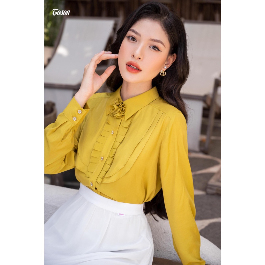 Áo sơ mi lụa vàng, cổ Đức xếp bèo đính hoa Toson 14988V82