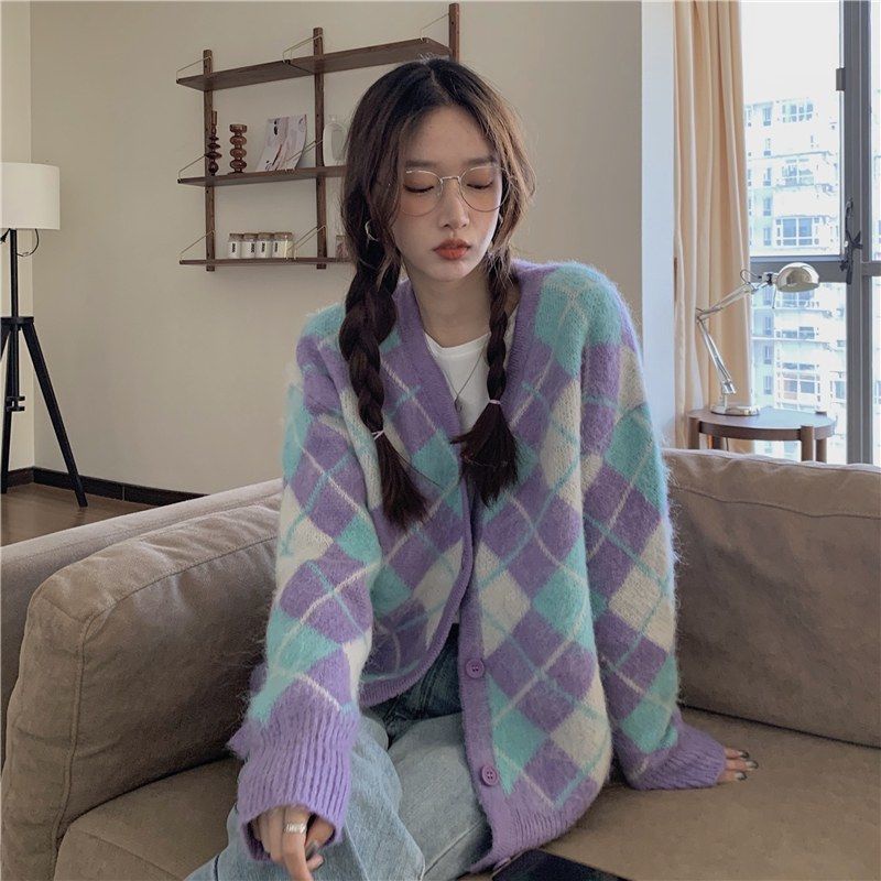 Áo Khoác Cardigan Dệt Kim Vải Nhung Màu Tím Phong Cách Hàn Quốc Mới 2021
