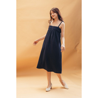 Đầm 2 dây chạy thun màu xanh dương đậm