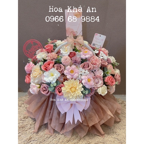 [Lẵng hoa Khai Trương, Sinh nhật] Lẵng Khả An làm bởi hoa sáp cao cấp mix hoa lụa Hàn cực đẹp. KT 45 x 50cm
