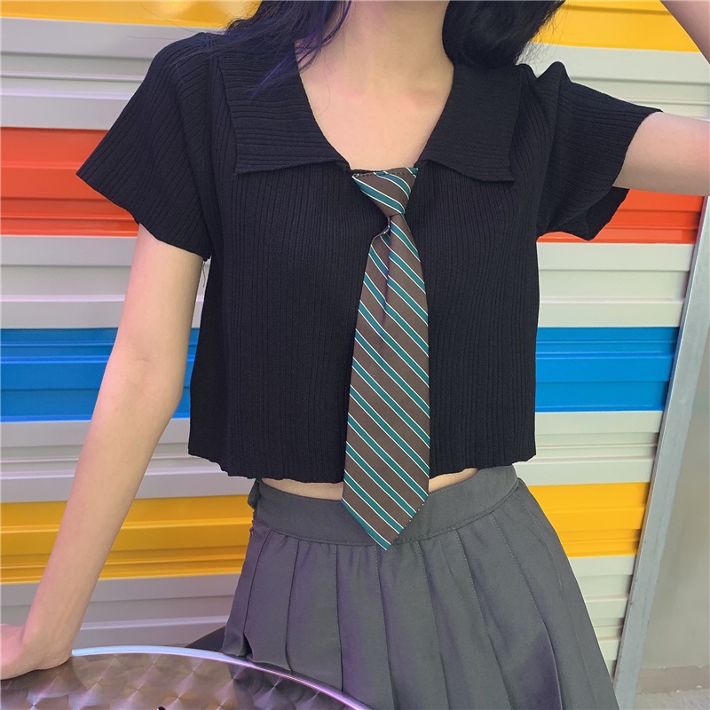 ZHELIHANGFEI Áo len dệt kim POLO cổ áo ngắn tay eo cao cổ điển