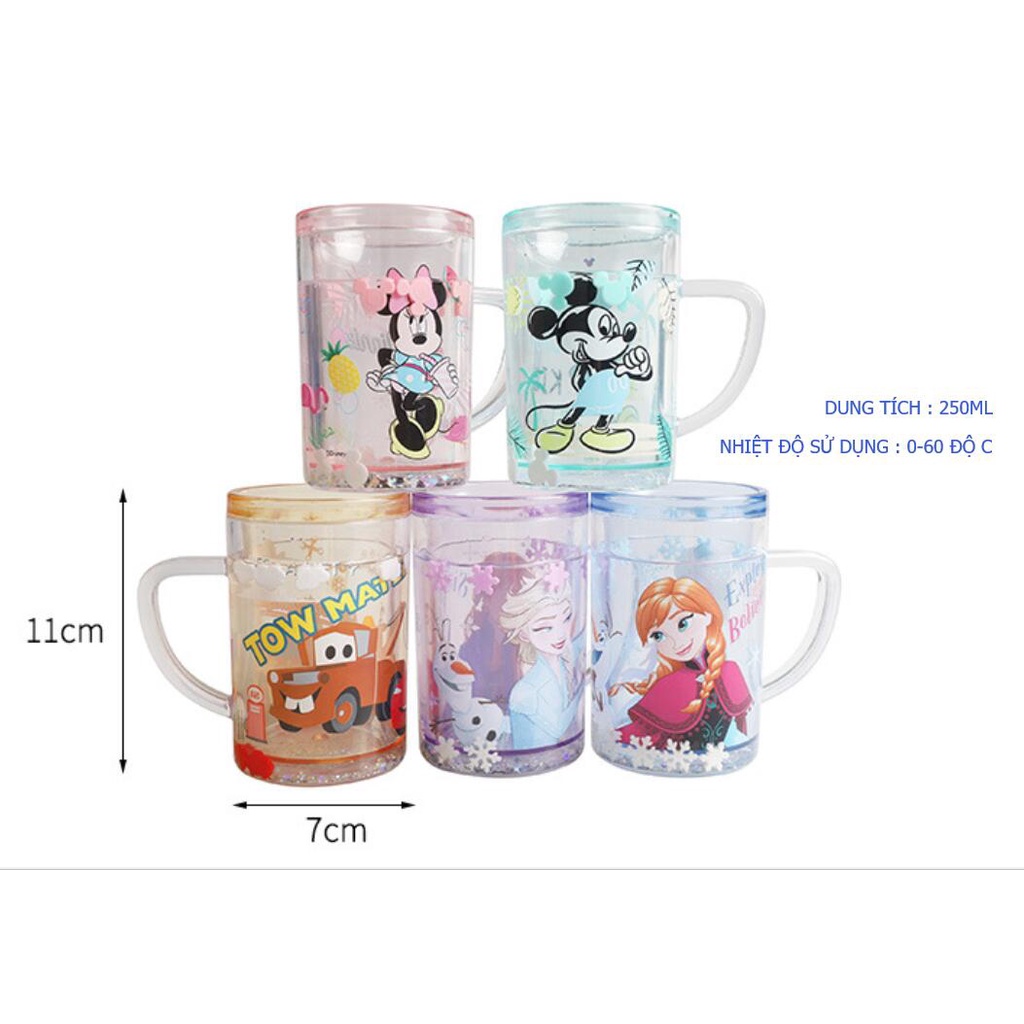 Ly nước Disney 2 lớp thẳng nhũ kim tuyến rơi lung linh Mickey Minnie Frozen Car cho bé trai và gái