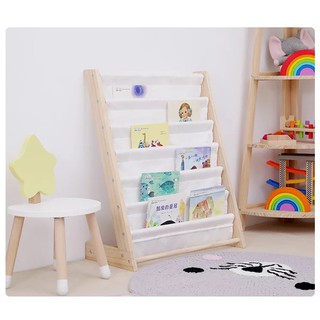 Kệ sách Montessori 7 tầng làm từ 100% gỗ thông tự nhiên và vải canvas cho bé đựng sách nuôi dưỡng tình yêu đọc sách