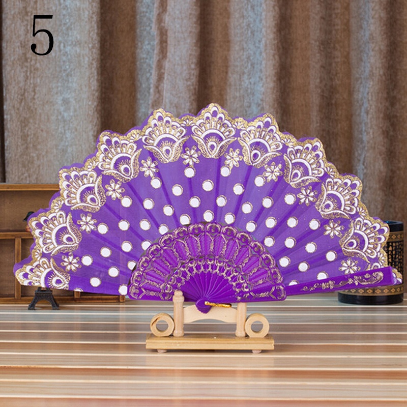 1 quạt xếp bằng vải với họa tiết hoa in và ren làm từ polyester theo 7 phong cách