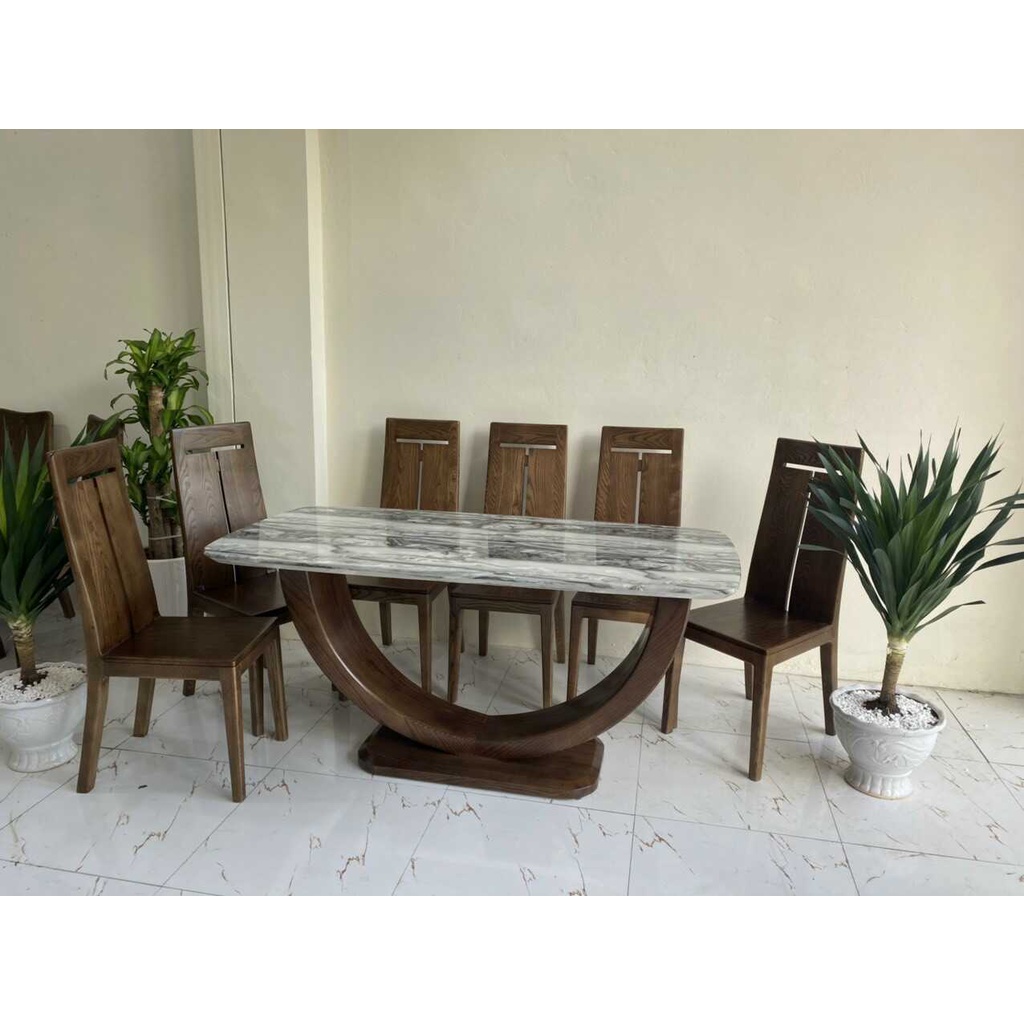 Bàn ăn gỗ sồi 6 ghế chân bán nguyệt
