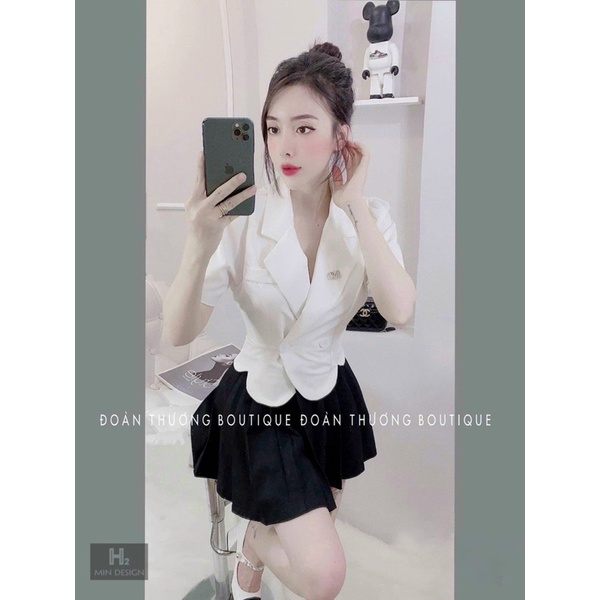 Set áo vest vai bồng chân váy xếp ly