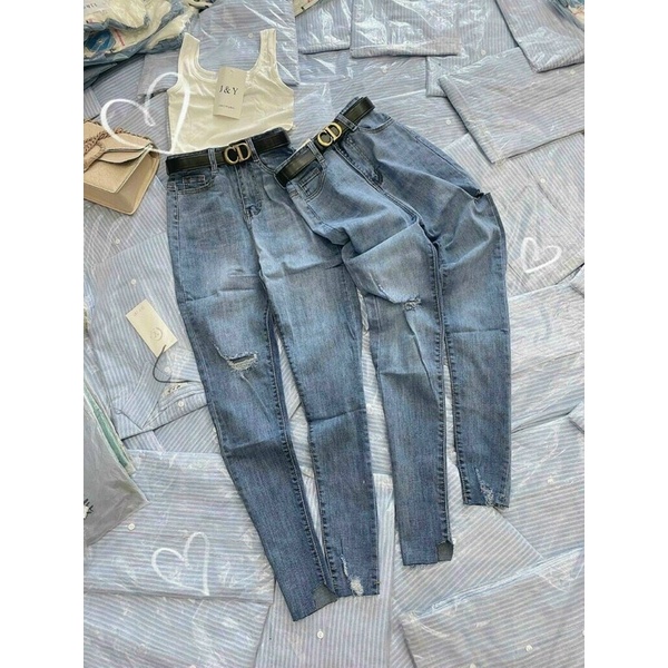 Quần Jean Nữ Bó Ống Dài, Rách Kiểu, Chất Jean Co Giãn