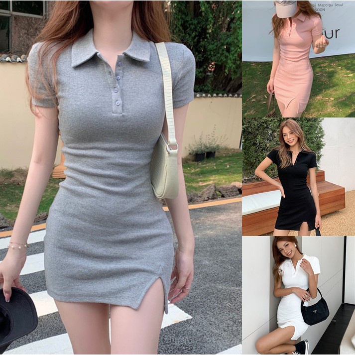 Đầm polo xẻ tà ôm body chất thun gân sexy năng động phong cách Hàn Quốc | BigBuy360 - bigbuy360.vn