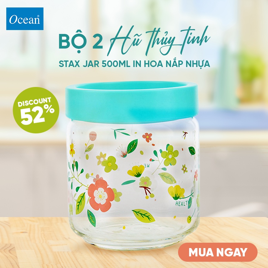 Bộ 2 Hũ Thủy Tinh Ocean Stax Jar 500ml In Hoa Nắp Nhựa