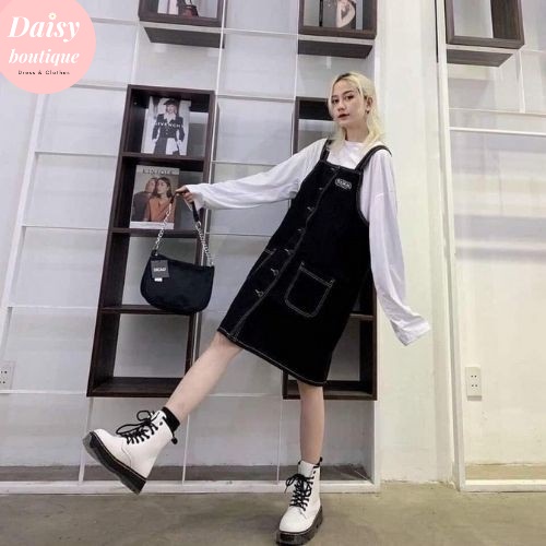 Yếm Váy Nữ Logo Chỉ Nổi Màu Đen, Váy Yếm Có Size Cho Người Bigsize, Chất Liệu Thái Chéo, Daisy SP000301