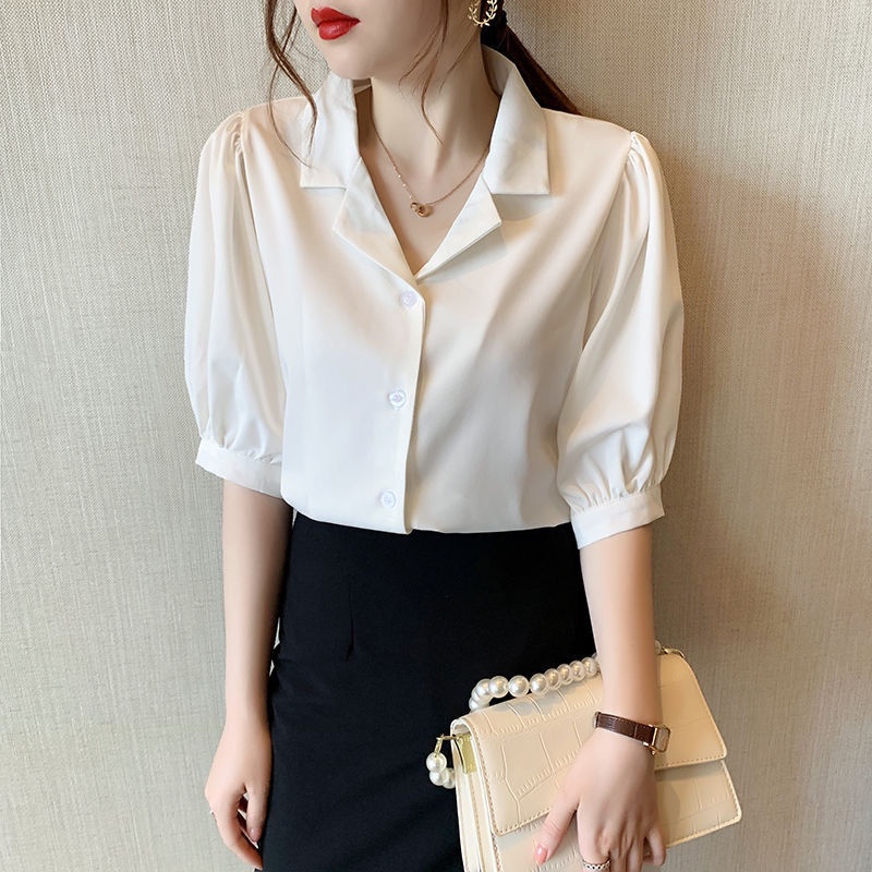 Áo sơ mi chiffon IELGY mỏng tay ngắn cổ chữ V hợp thời trang cho nữ