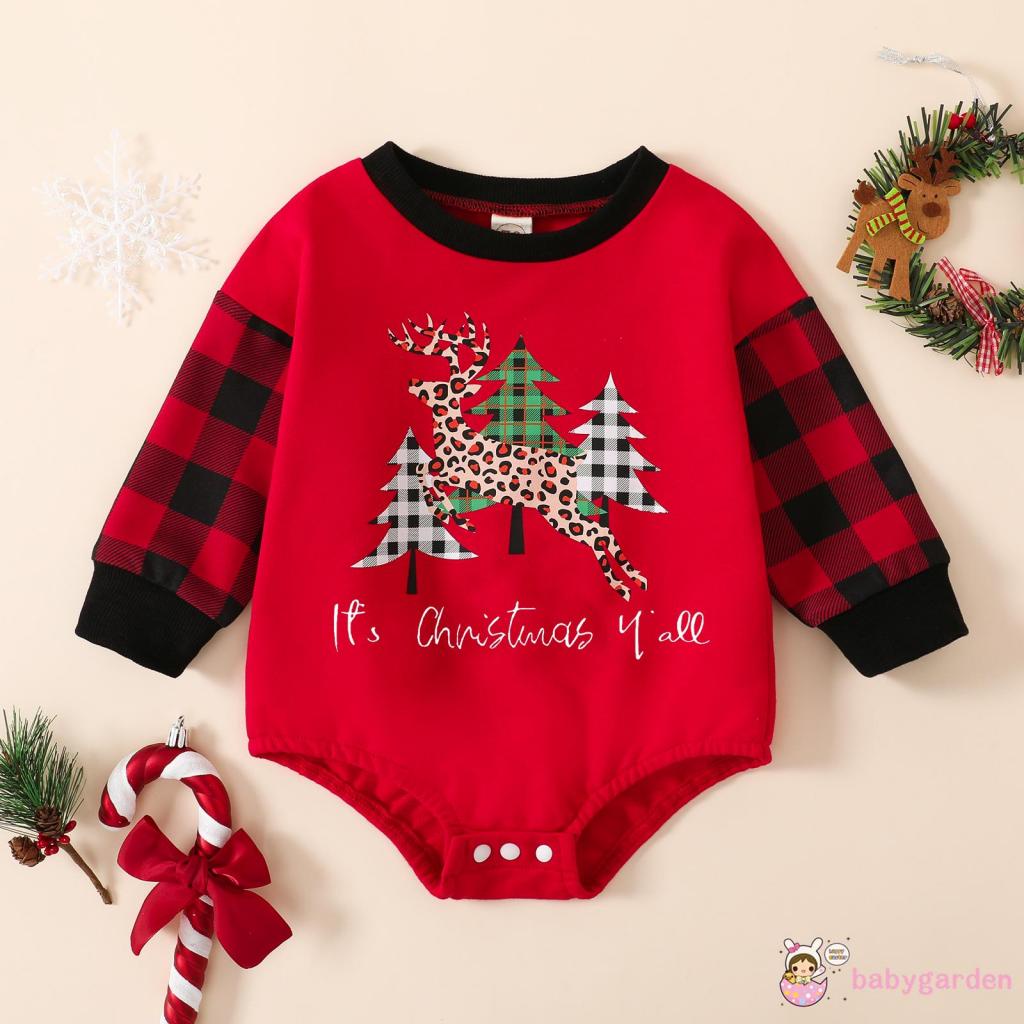 Bộ Áo Liền Quần Tay Dài Cổ Tròn In Họa Tiết Giáng Sinh Cho Bé 0-18 Tháng Tuổi