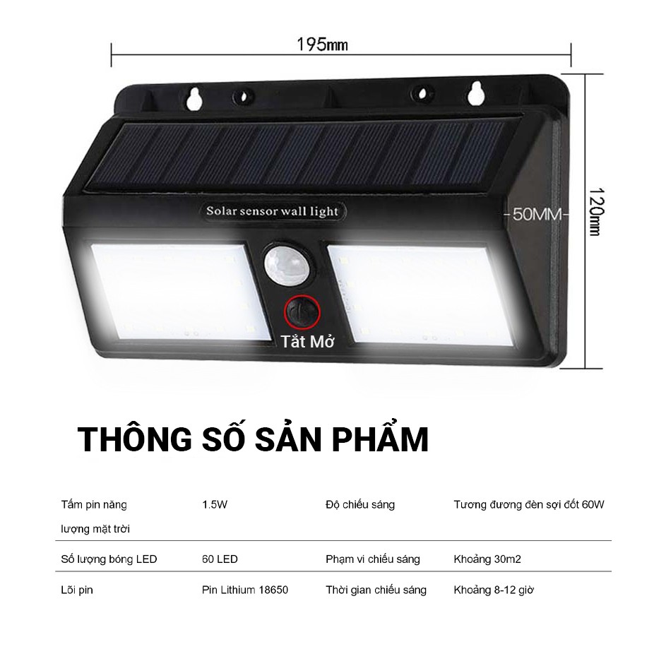 Đèn LED treo tường cảm ứng thông minh 60 bóng LED, sử dụng pin năng lượng mặt trời, không tốn tiền điện, dễ dàng lắp đặt