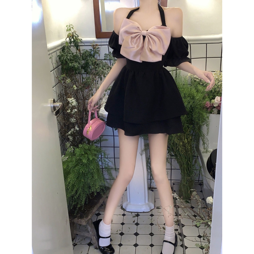 Đầm Trễ Vai Tay Phồng Cổ Thắt Nơ Eo Cao Phong Cách Pháp Ngọt Ngào