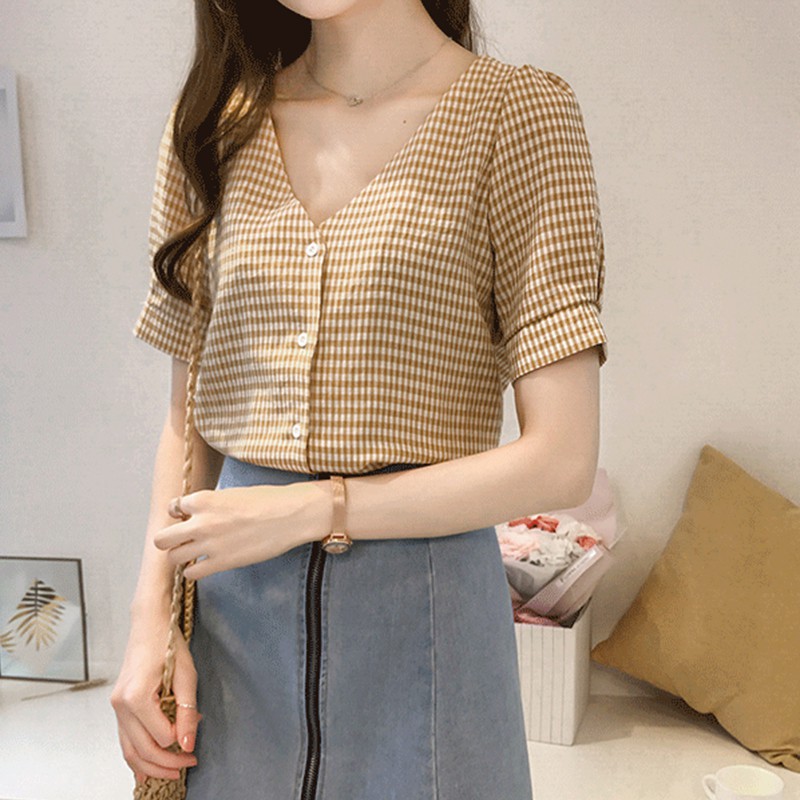 Áo Sơ Mi Ngắn Tay Họa Tiết Ca Rô Thời Trang Xinh Xắn Cho Nữ