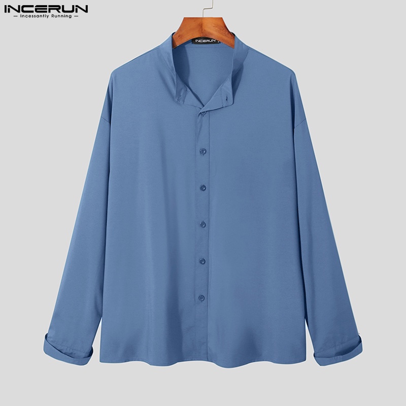 Áo sơ mi INCERUN tay dài cài nút màu trơn cỡ lớn thời trang trẻ trung dành cho nam