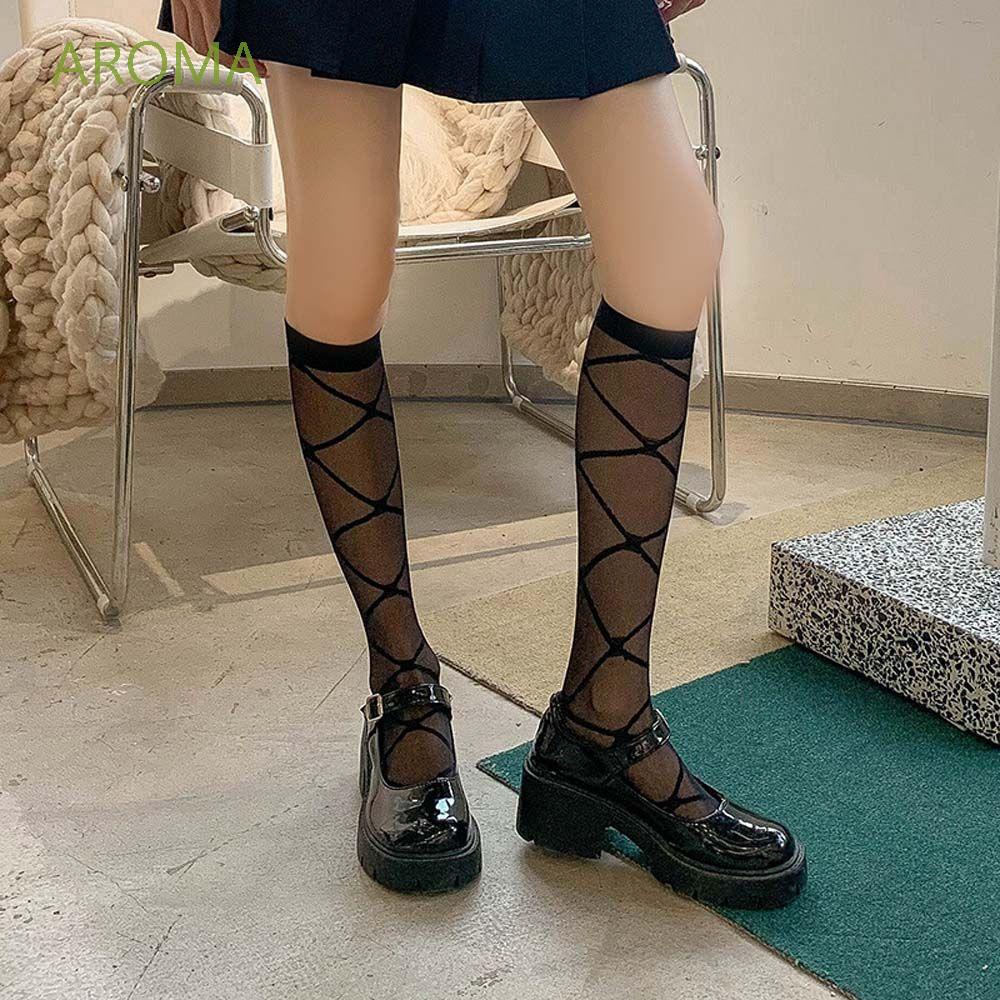 Đôi vớ trong suốt dài đến đầu gối màu đen phong cách lolita có lưới chống rách trang trí ren