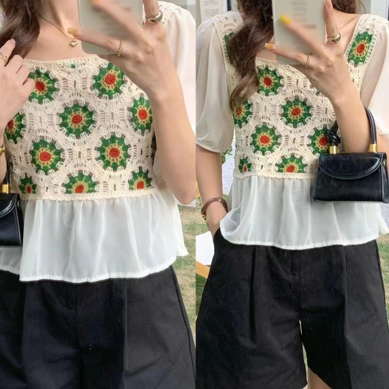 Áo Chiffon Cổ Vuông Tay Phồng In Họa Tiết Hoa Thời Trang Cho Nữ