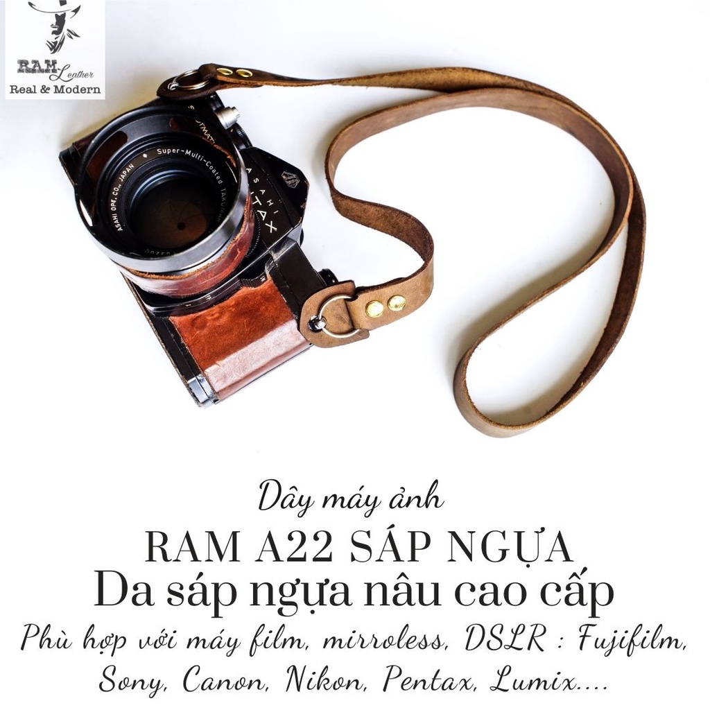 Dây máy ảnh vintage RAM Leather A22 da bò thật sáp nâu