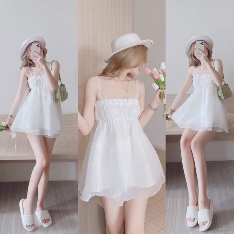 Sét 2 dây hoa ren babydoll bánh bèo vải tơ nhũ 2 lớp