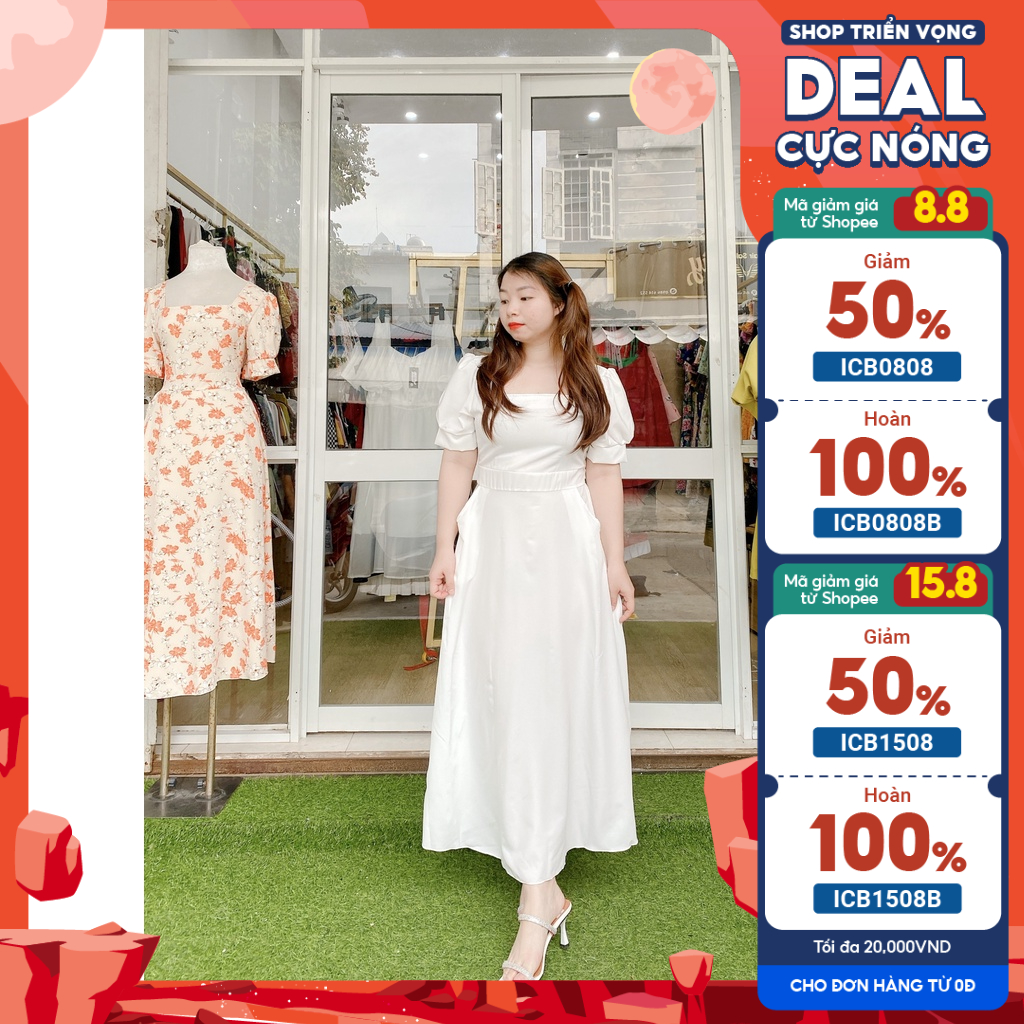 Đầm lụa mango cổ vuông tay phồng Bigsize dáng dài 50-75kg. Hình thật Bụ Bâm shop