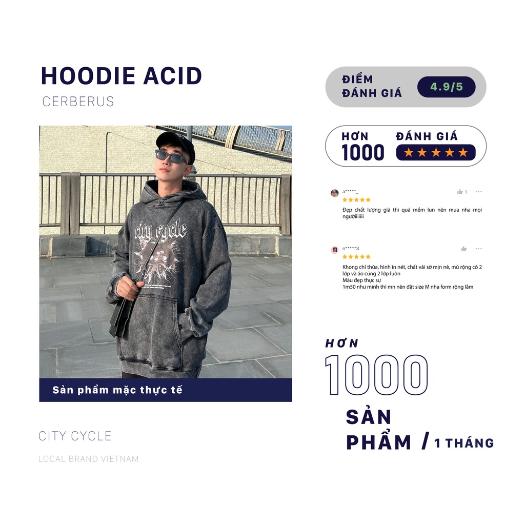 Áo hoodie acid Cerberus City Cycle chất hoodie nỉ bông cotton form rộng oversize unisex in hình local brand