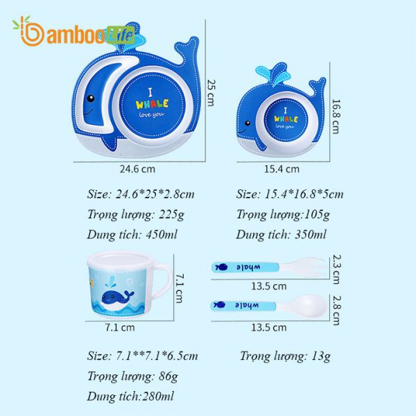 Set 5 món Khay, Bát, Cốc, Dĩa và Thìa Cá Heo Bamboo Life Hữu Cơ tự nhiên an toàn cho Bé