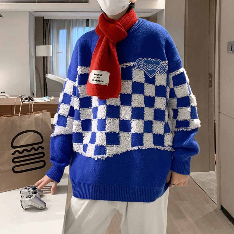 Áo sweater dệt kim chui đầu màu xanh dương/đen pha trắng phong cách hip hop Hàn Quốc thời trang mùa thu cho nam