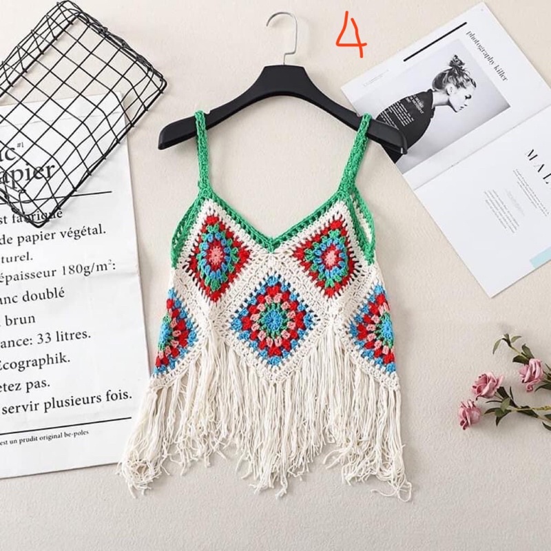 Áo hoa văn ghép Len móc crochet top phong cách bohemian