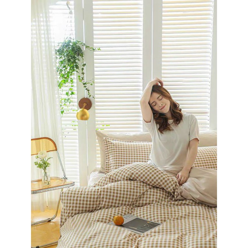 Bộ chăn ga gối cao cấp  𝗙𝗥𝗘𝗘 𝗦𝗛𝗜𝗣  chăn ga gối cotton poly kẻ caro 4 món nhập khẩu , thiết kế sang trọng , lịch sự