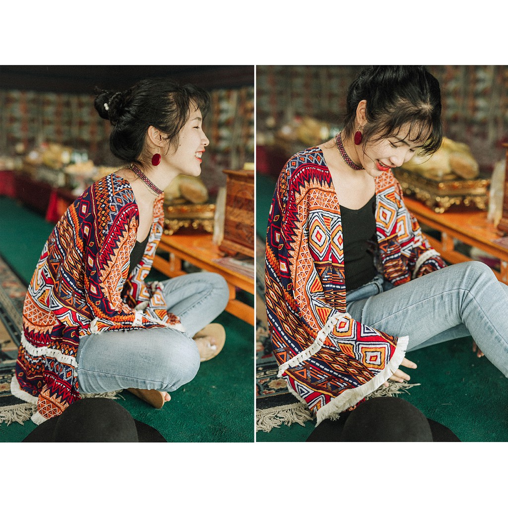Cardigan voan họa tiết thổ cẩm boho tua rua - MS002 (Có ảnh thật) | BigBuy360 - bigbuy360.vn