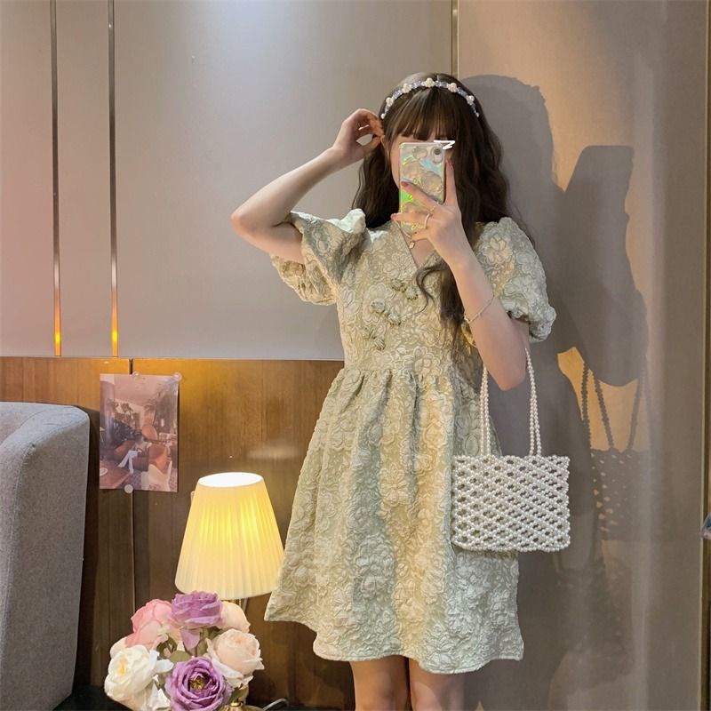 Đầm Tay Ngắn Phồng Cổ Chữ V Phong Cách Retro Thời Trang Mùa Hè 2022