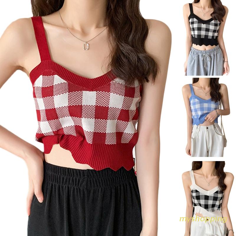 Áo Croptop Dệt Kim Không Tay Cổ Chữ V Họa Tiết Kẻ Sọc Ca Rô Quyến Rũ Cho Nữ