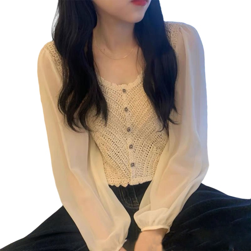 Áo Khoác Cardigan Vải Voan Tay Phồng Dài Cài Nút Cổ Bẻ Màu Trơn Kiểu Pháp Thời Trang Cho Bạn Gái