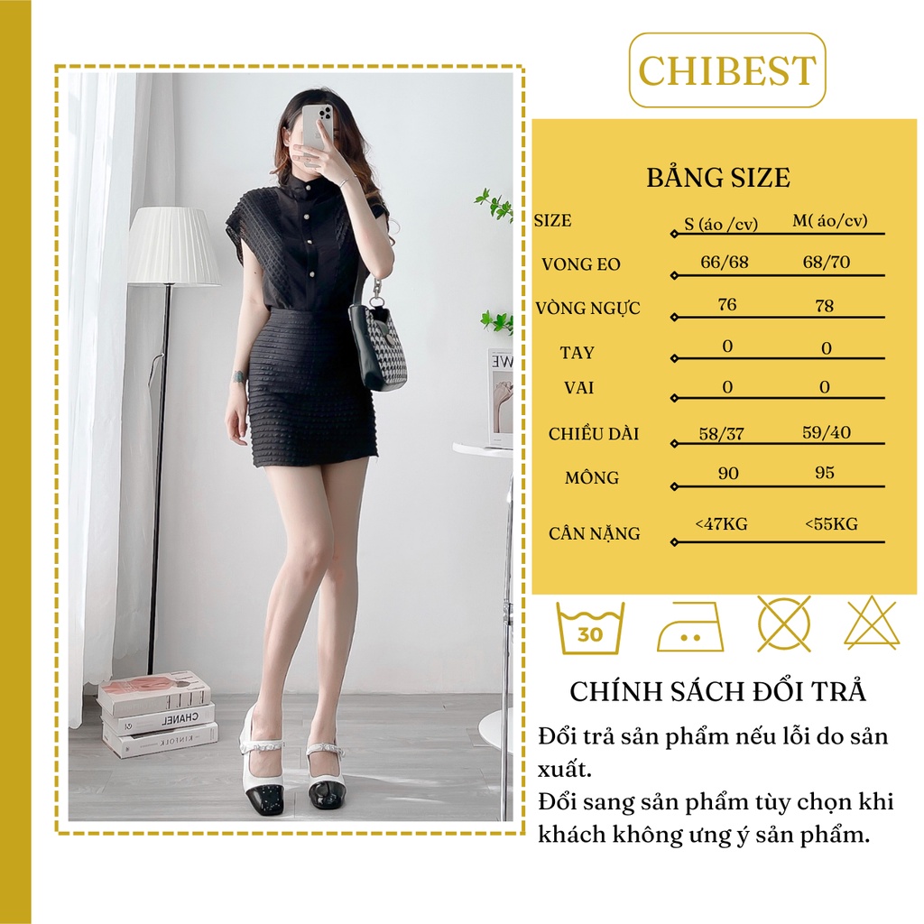 Set bộ nữ chân váy chữ A ren xốp kèm áo cổ trụ tay cánh tiên CHIBEST LSB74