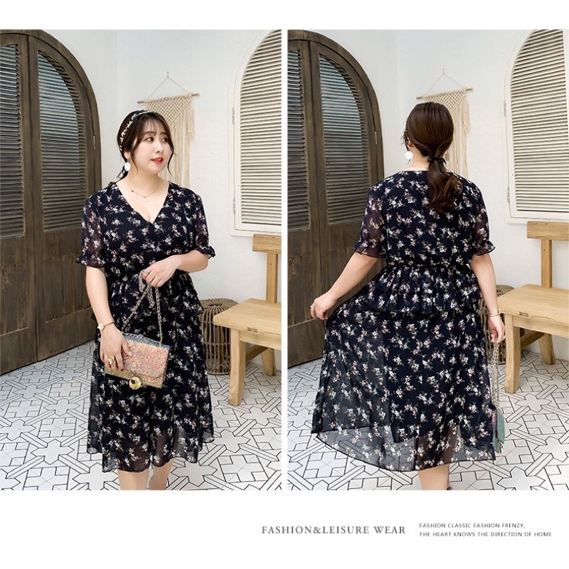 Đầm xoè big size dự tiệc cổ tim hoa tay ngắn size 65-90kg